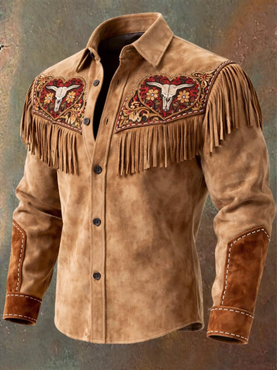 Men's Retro Western Style Heart Print Vintage Tassel Casual Long Sleeve Shirt